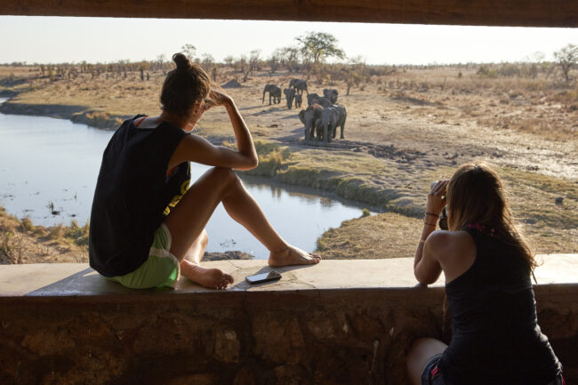 Two women watching a herd of elephants in the river from a viewpoint, Hwange National Park, Zimbabwe