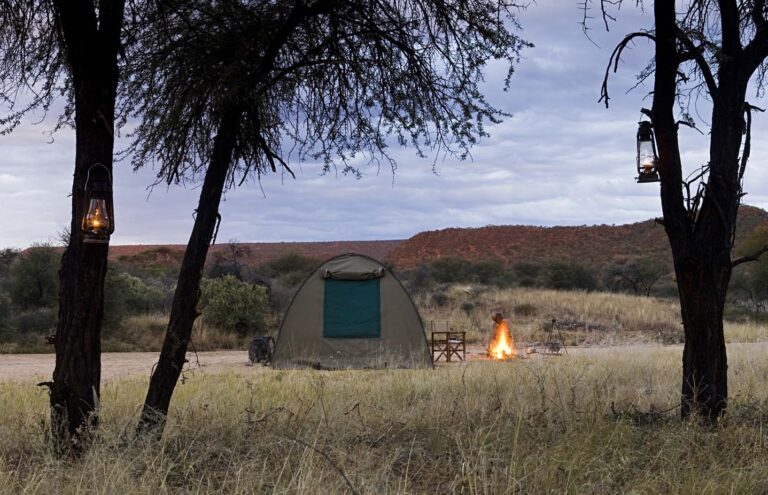 A single canvas dome tent pitched next to a campfire.