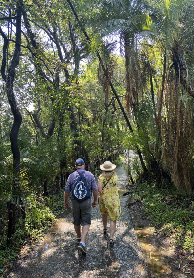 Older couple walks along foot path under lush green trees at Victoria Falls National Park.